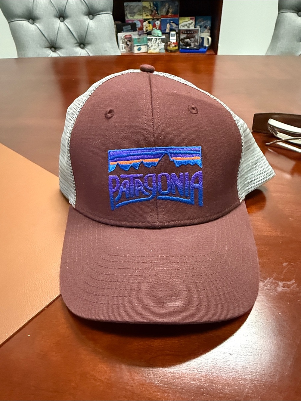 Patagonia Maroon and Light Gray Mesh Trucker Hat with Blue Embroidery (dingy)